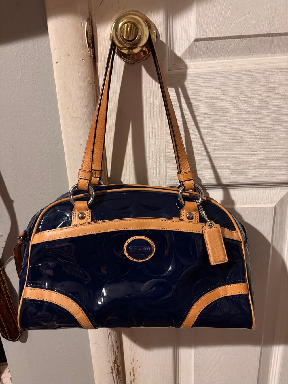 Coach Navy Patent Shoulder Bag with Tan Trim